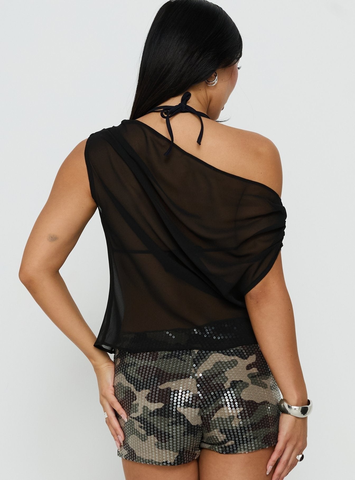 Orya Sheer Drape Off Shoulder Top Black