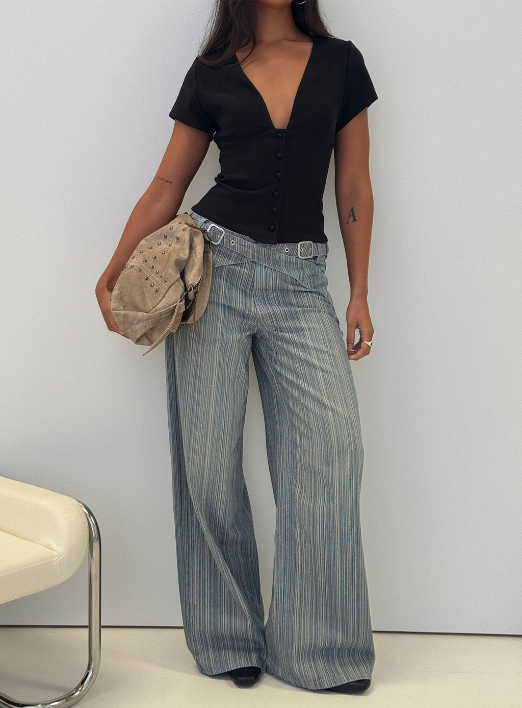 Mckinley Mid Rise Wide Leg Jeans Dark Blue Stripe