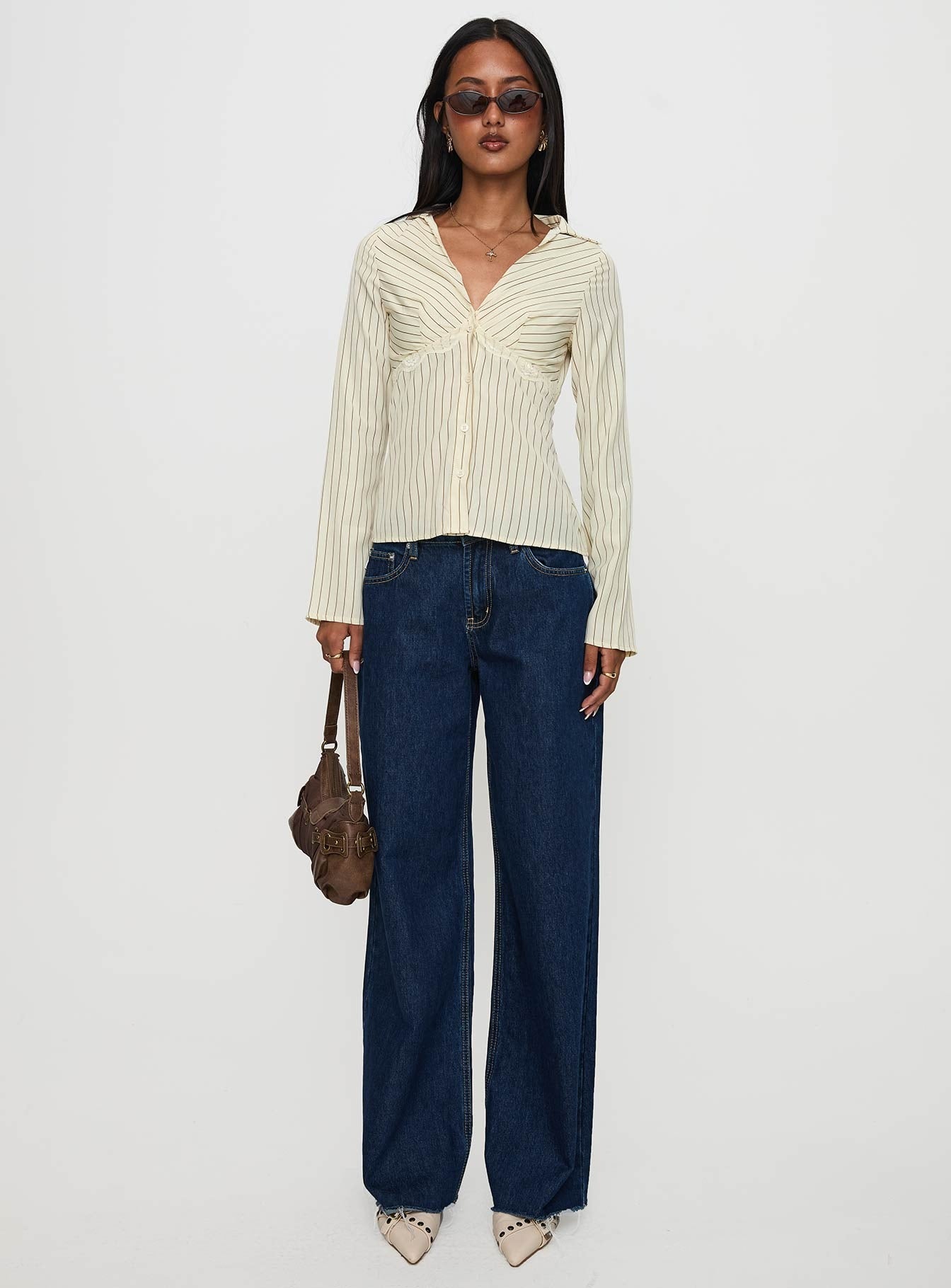 Life Begins Long Sleeve Lace Trim Top Cream Stripe