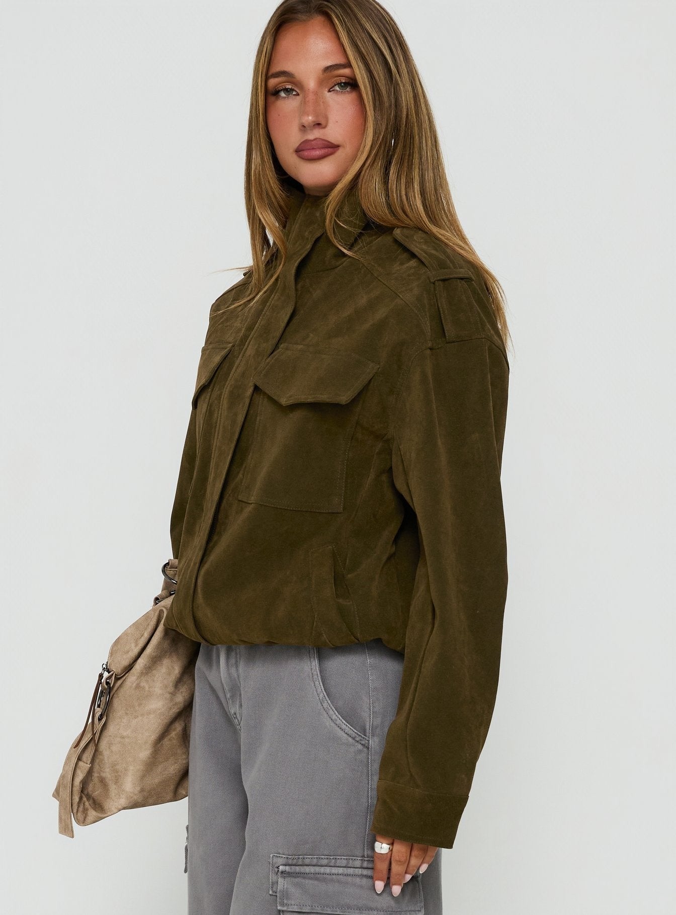 Double Life Funnel Neck Cargo Jacket Olive Green