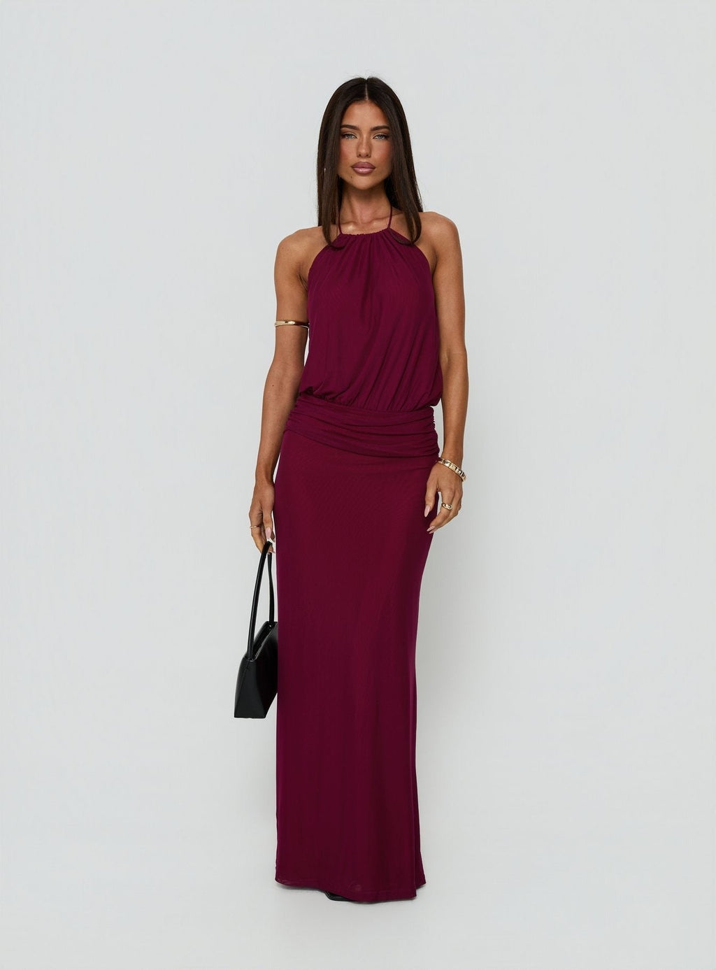 Casperina Ruched Halter Maxi Dress Berry