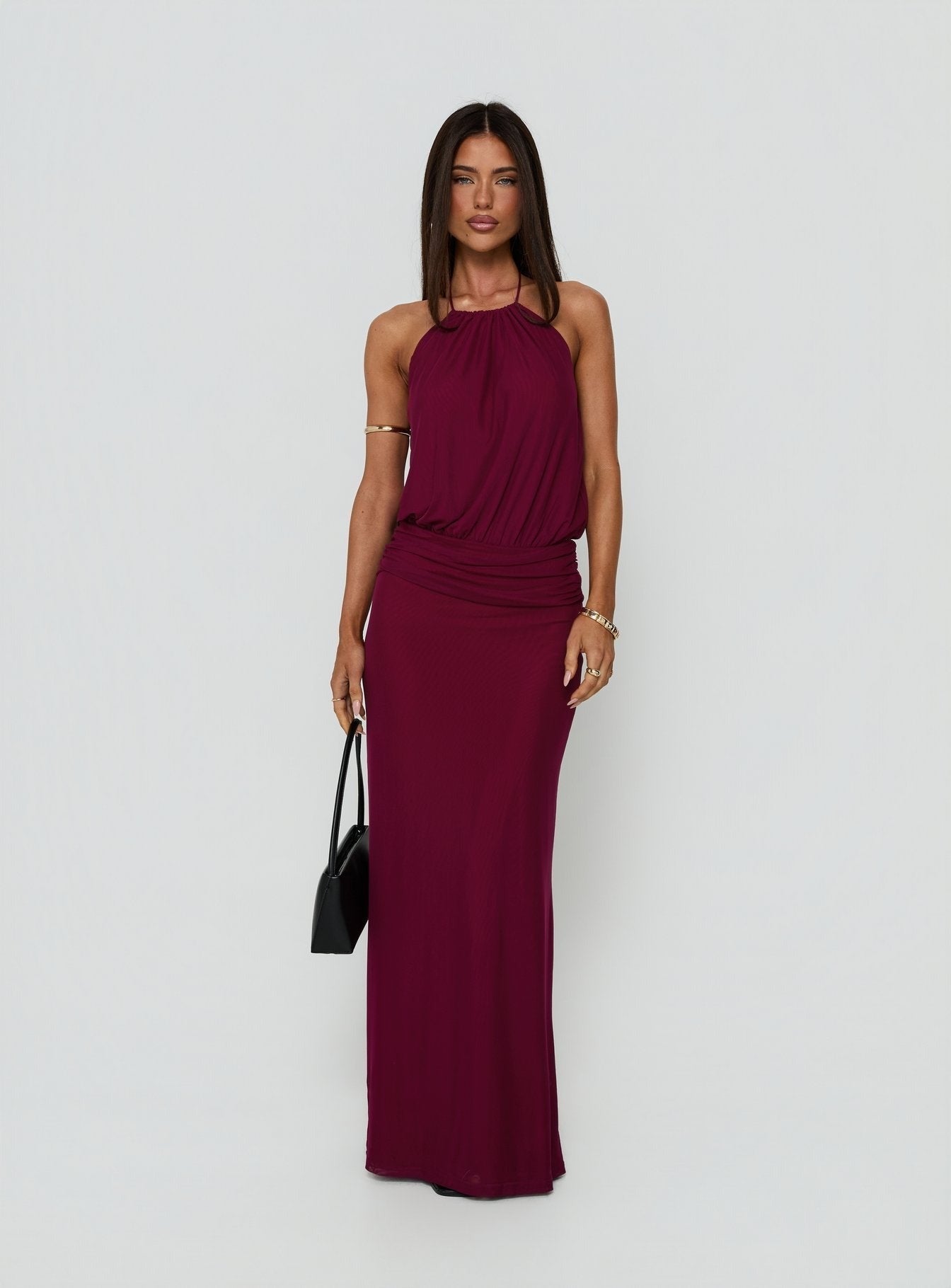 Casperina Ruched Halter Maxi Dress Berry