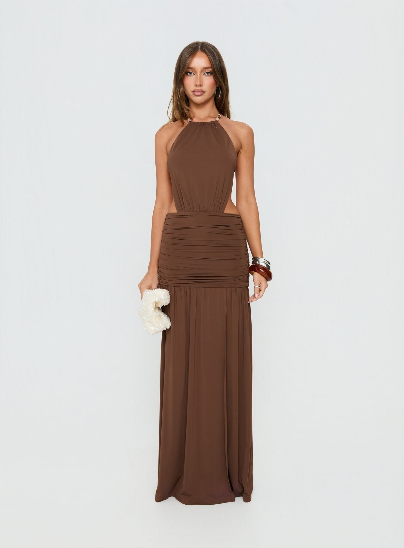 Tykaia Low Back Halter Maxi Dress Chocolate