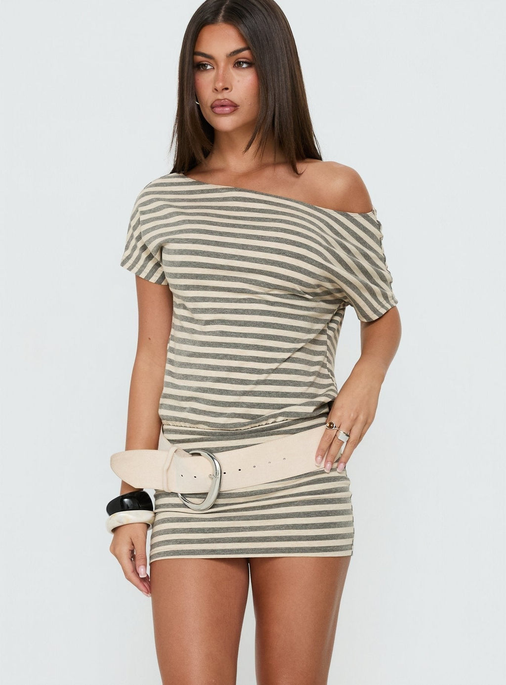 Self Control Off Shoulder Romper Grey Stripe
