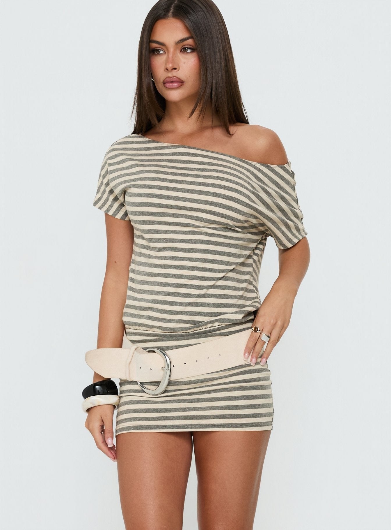 Self Control Off Shoulder Romper Grey Stripe