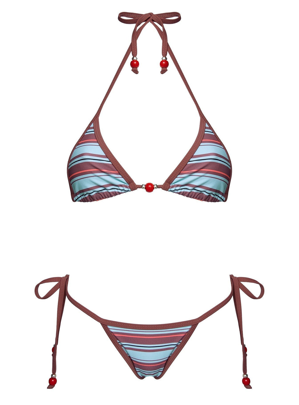 Mikaya Beaded Triangle Bikini Top Blue / Brown Stripe