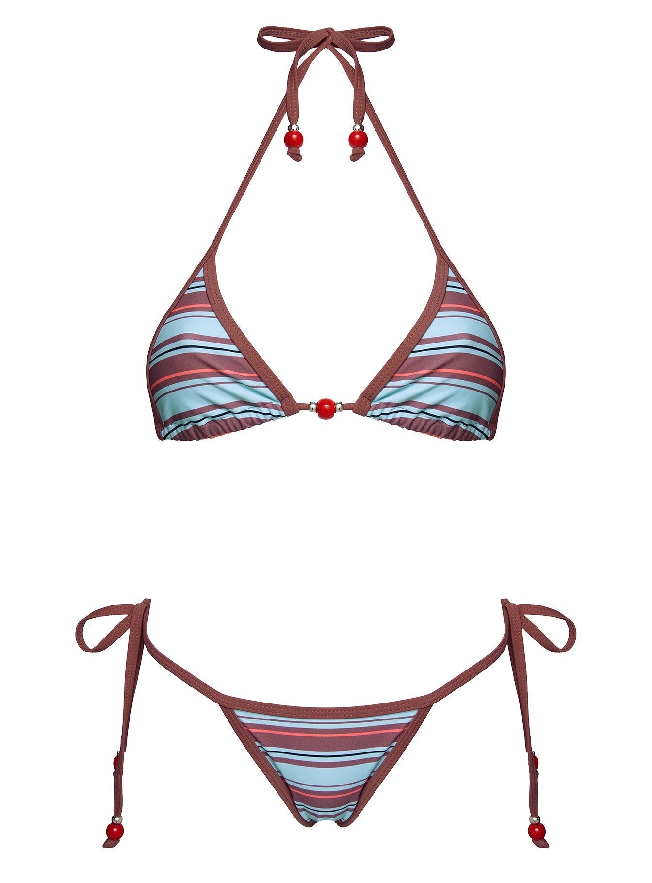 Mikaya Beaded Triangle Bikini Top Blue / Brown Stripe