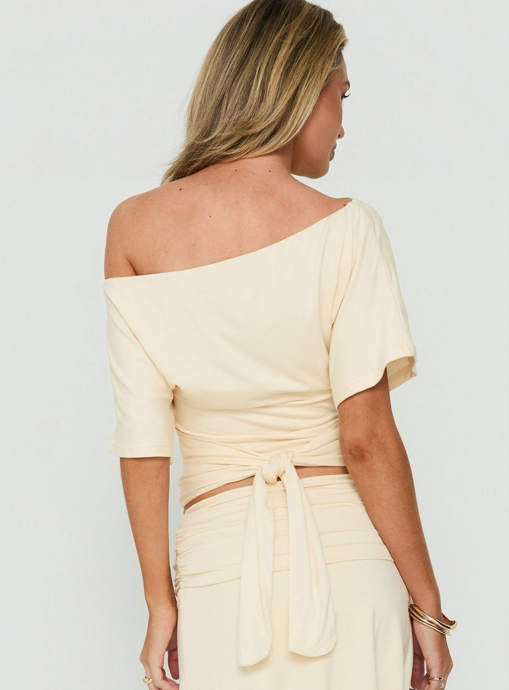 Sezzia Cinched One Shoulder Top Beige