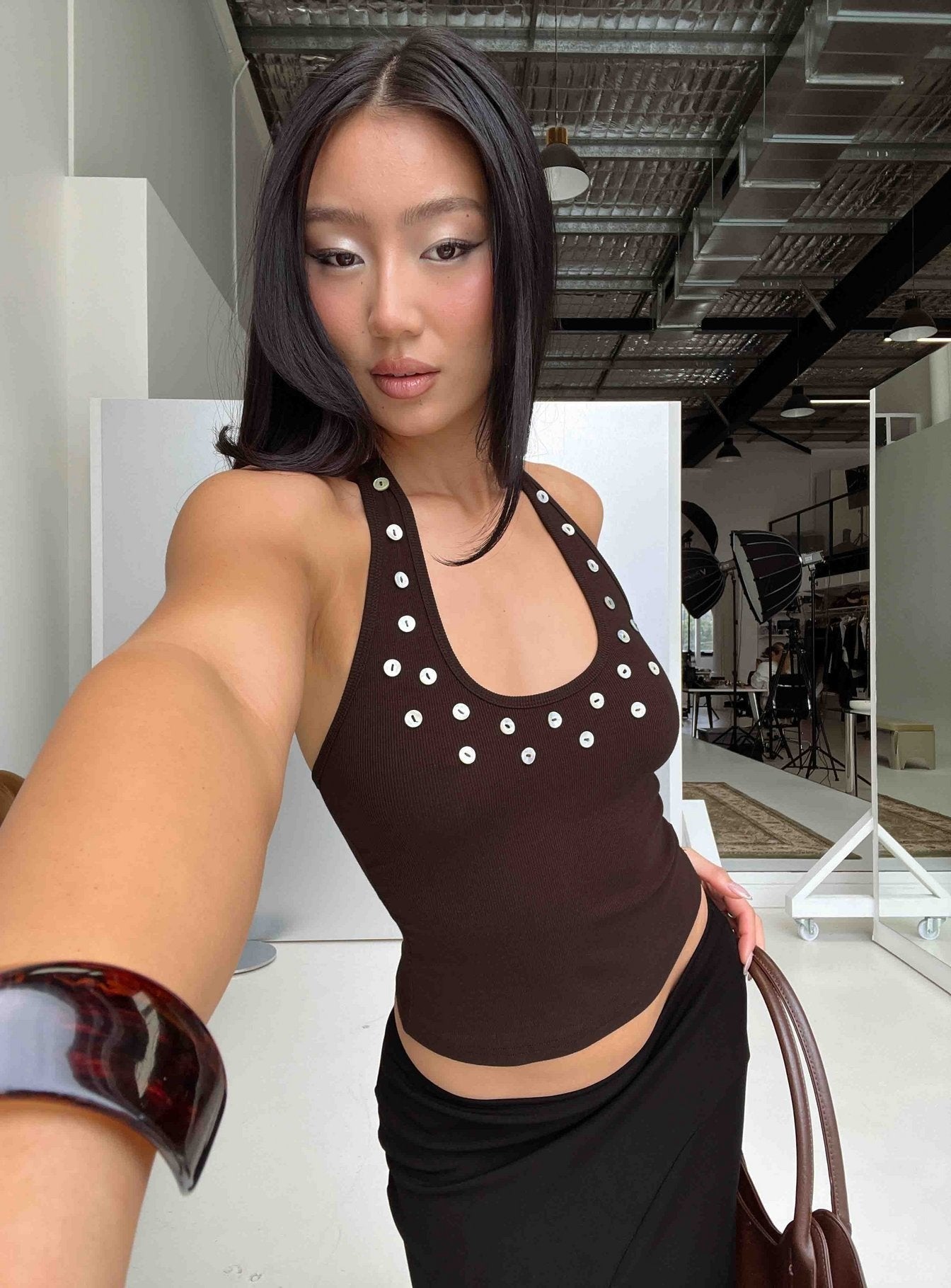 Renara Halter Ribbed Button Top Brown