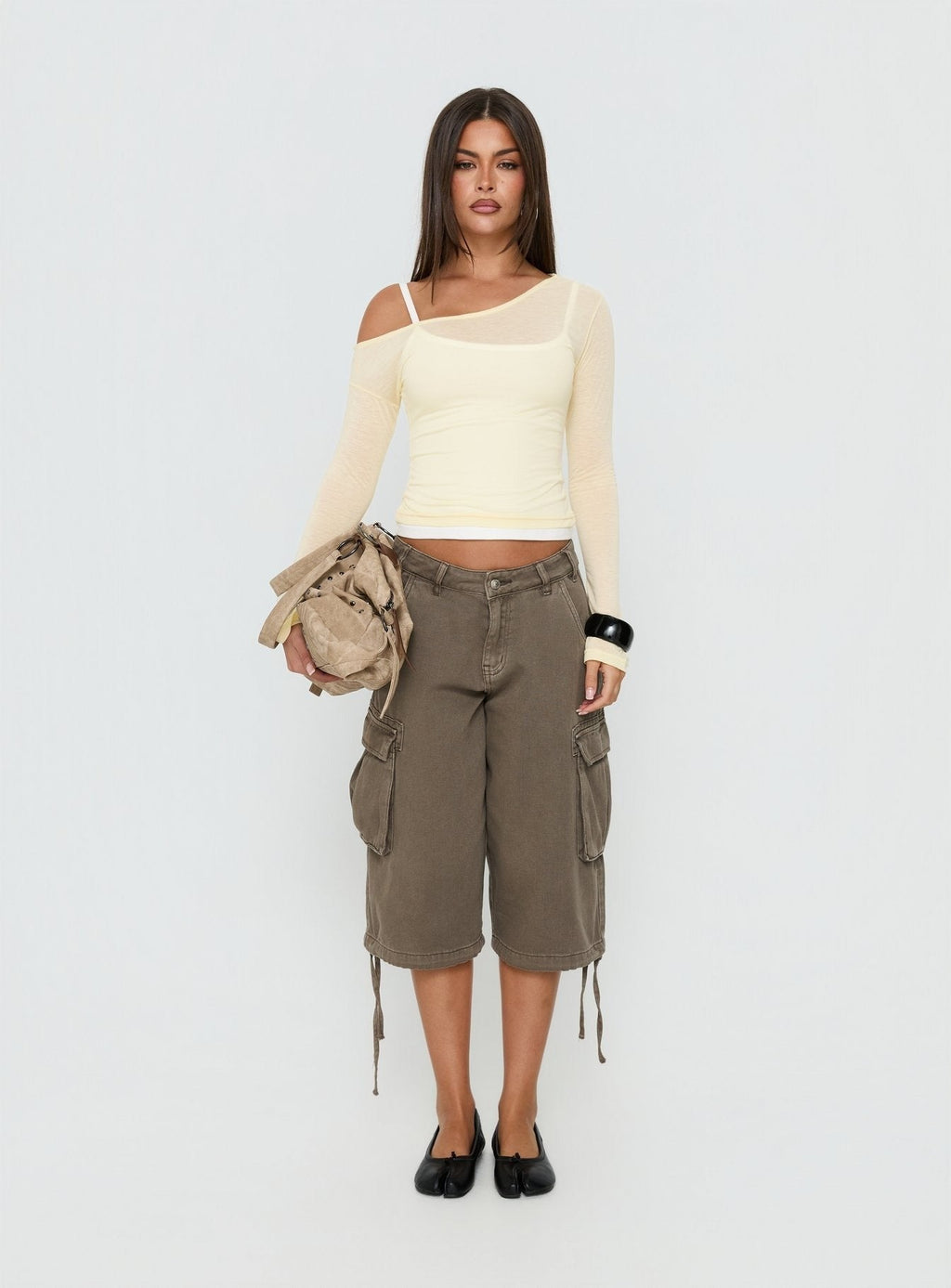 Maezie Off Shoulder Layered Long Sleeve Top Yellow / White