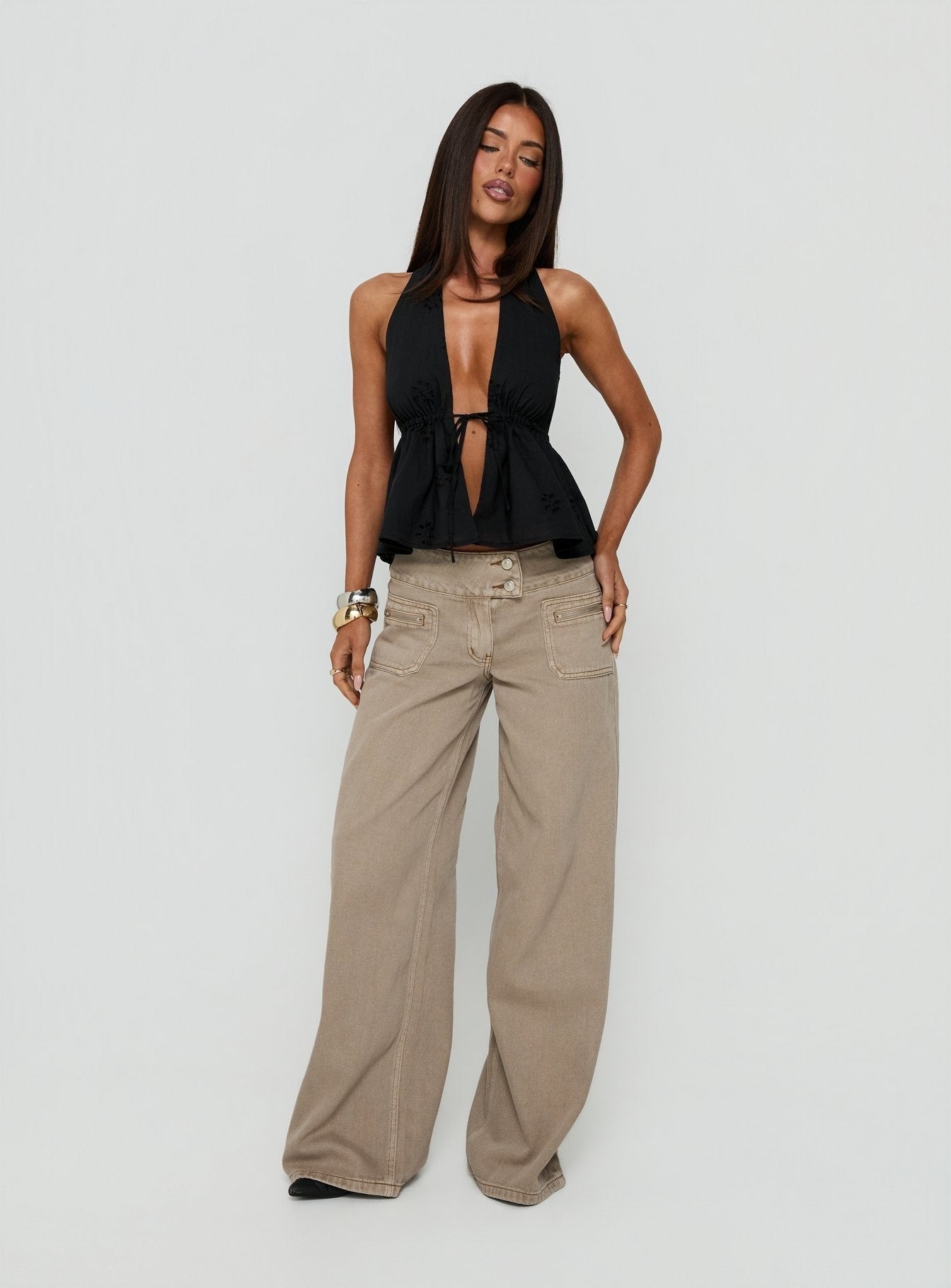 Top Form Broderie Anglais Tie Front Halter Top Black