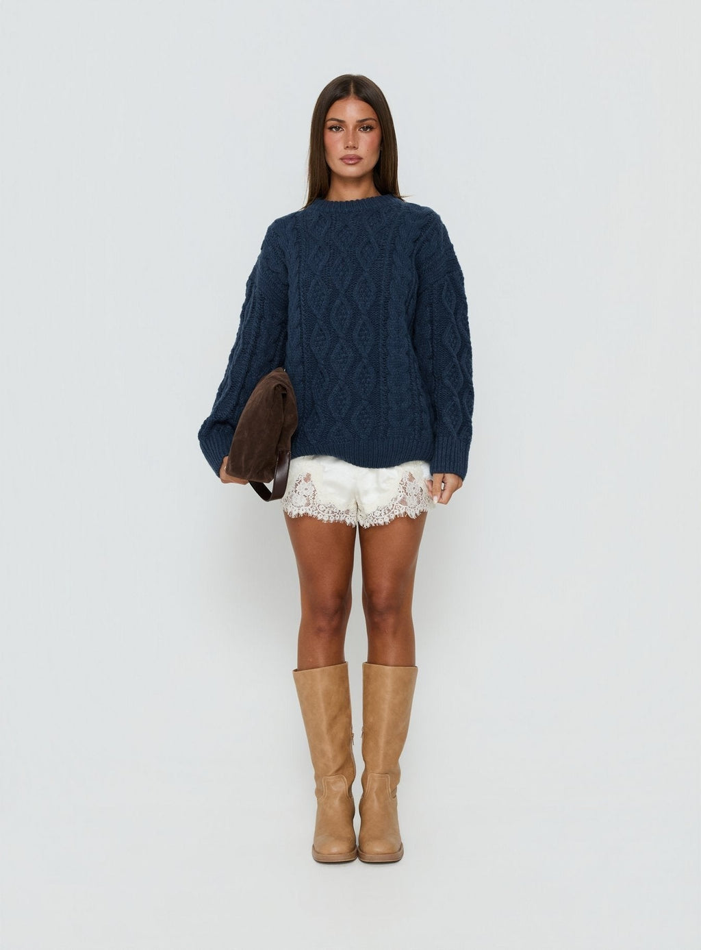 Rorey Cable Knit Crew Neck Sweater Navy