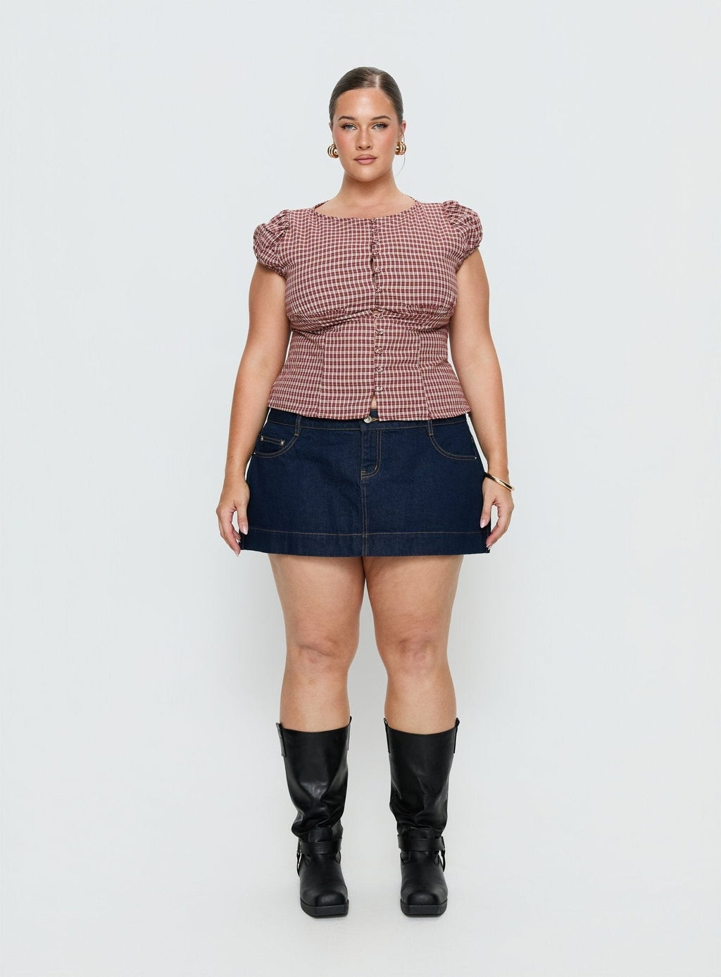 Alixandra Puff Sleeve Blouse Top Red Check Curve