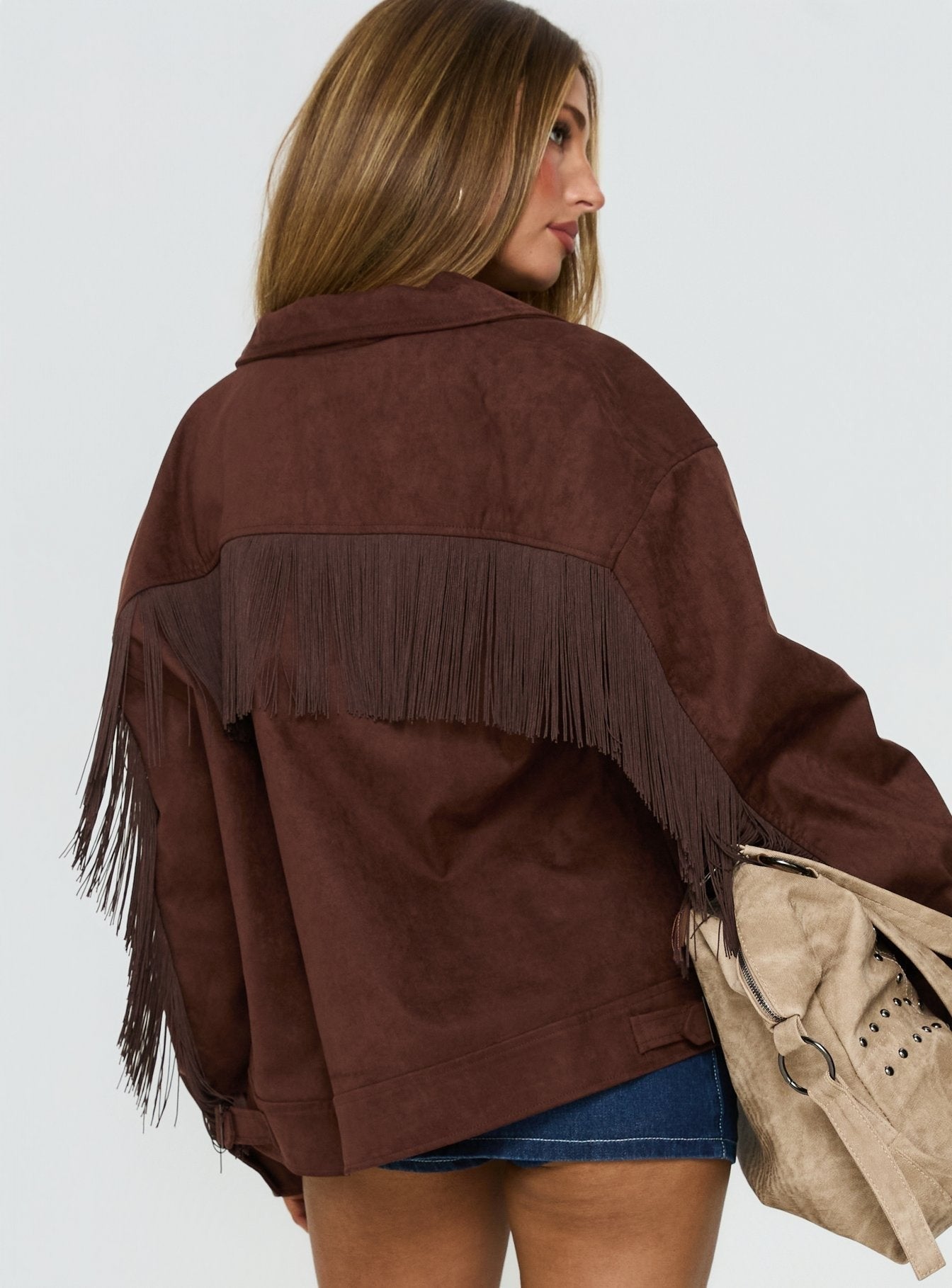 Goldsmith Faux Suede Tassel Bomber Jacket Chocolate
