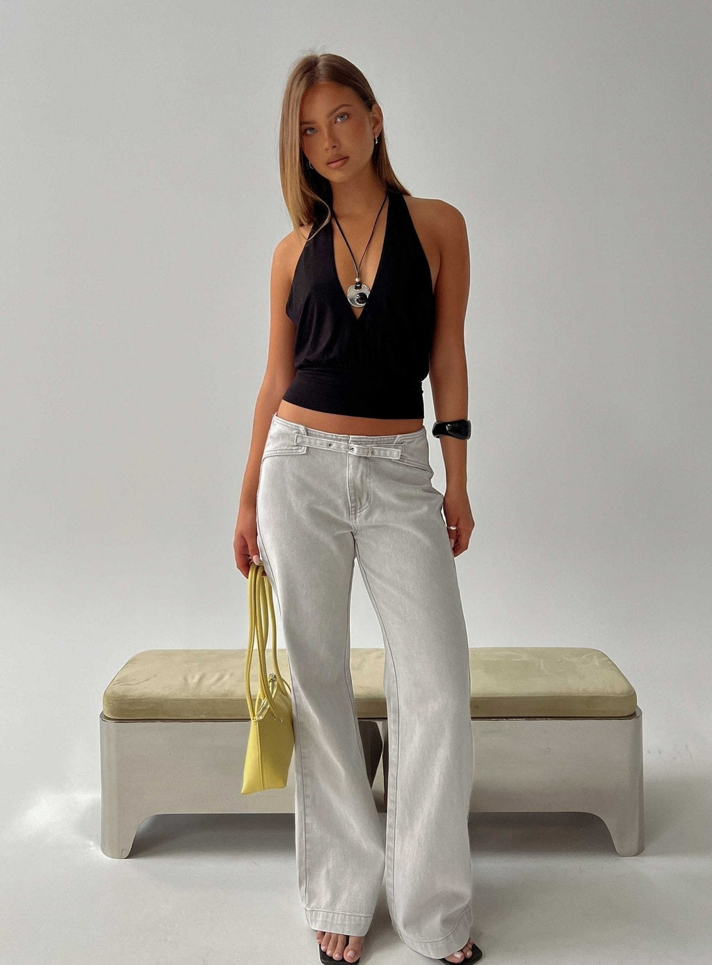 Slow Ride Mid Rise Bootleg Belted Jeans Desert Grey