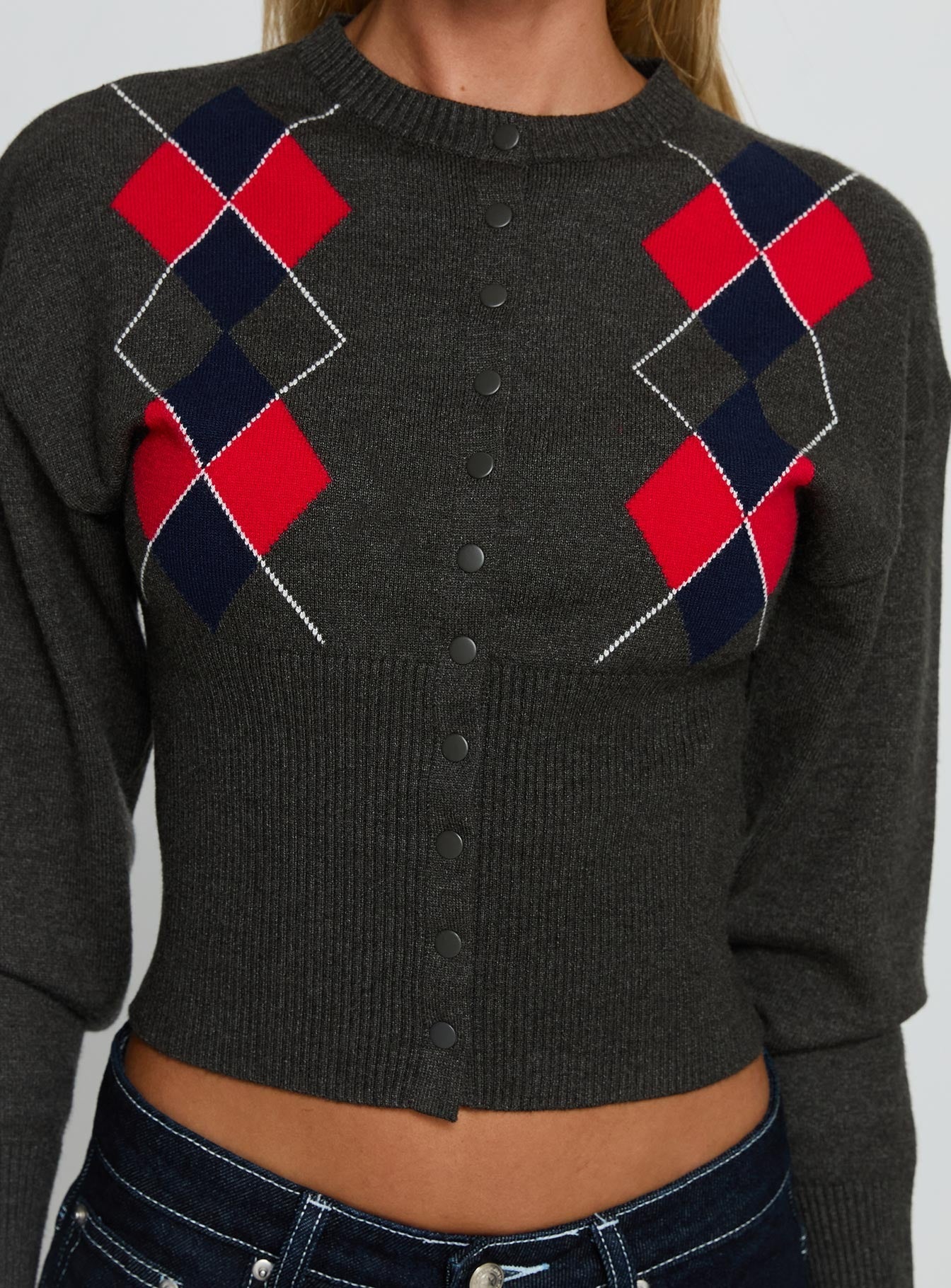 Head In The Clouds Knit Cardigan Grey Argyle