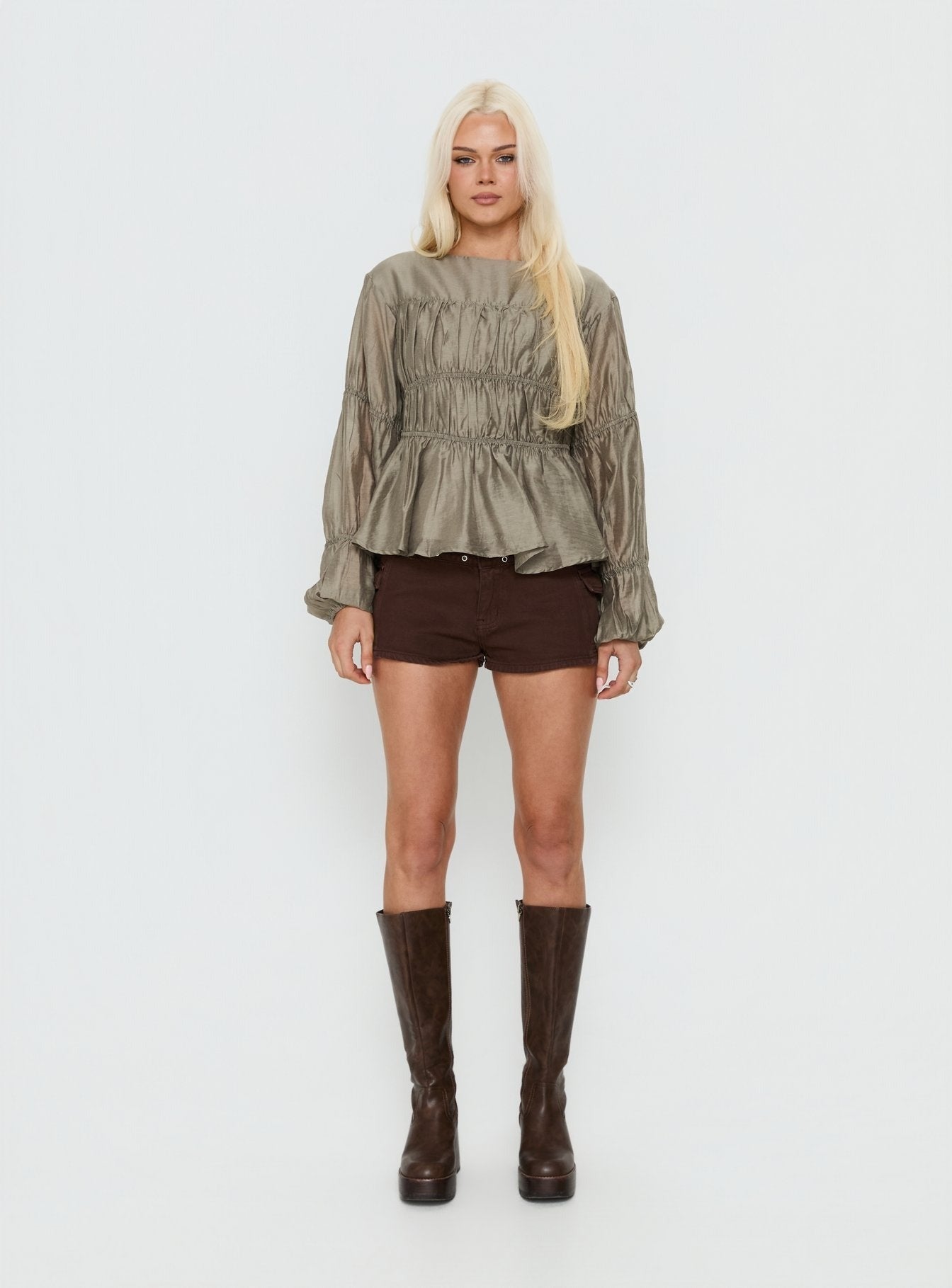 Xamira Ruched Long Sleeve Top Olive