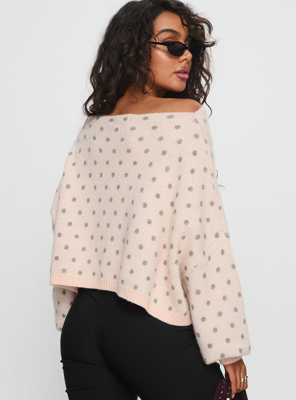 Francess Off Shoulder Knit Sweater Pink Polka