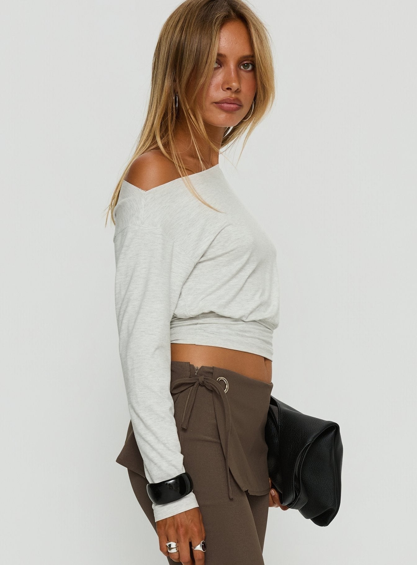 Ashlinn Off Shoulder Long Sleeve Drapey Top Grey Marle