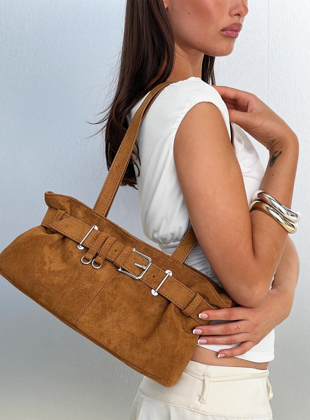 Views Of Capri Faux Suede Buckle Shoulder Bag Brown