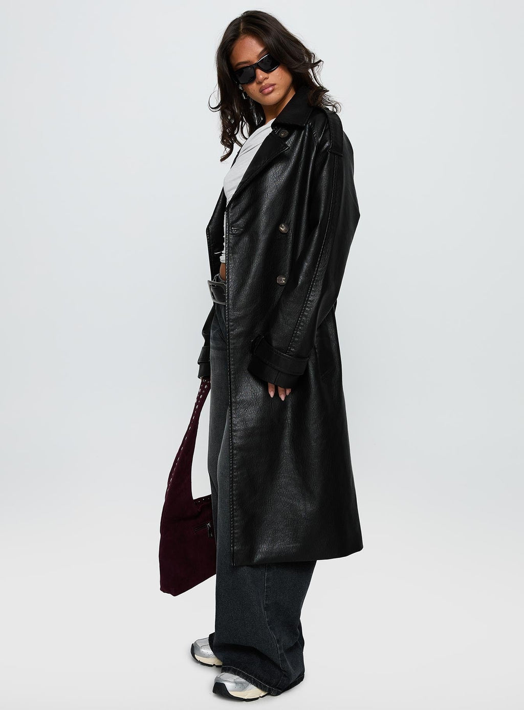 For The Fame Faux Leather Trench Coat Black