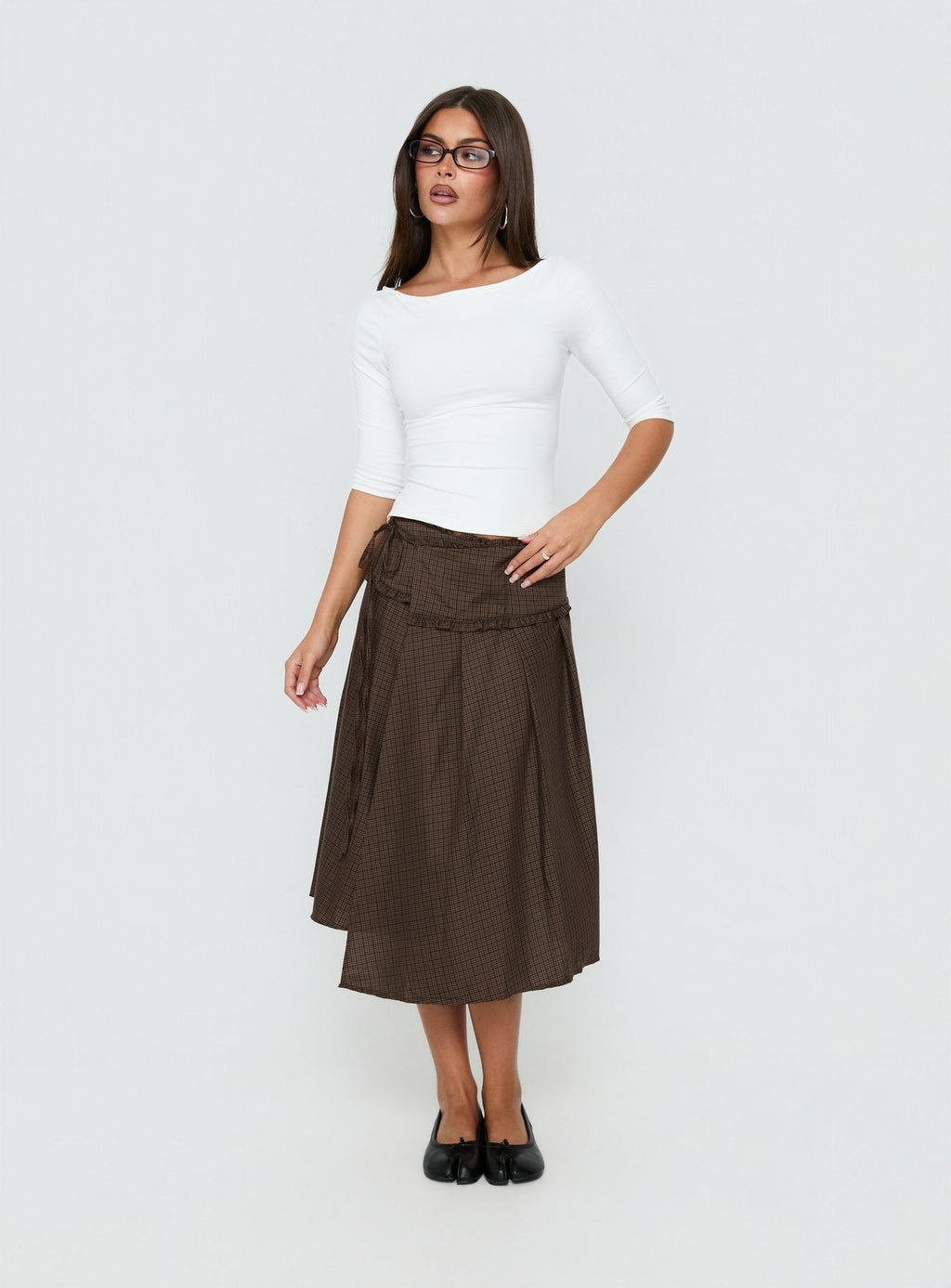 Ginella Pleated Tie Side Midi Skirt Brown Check