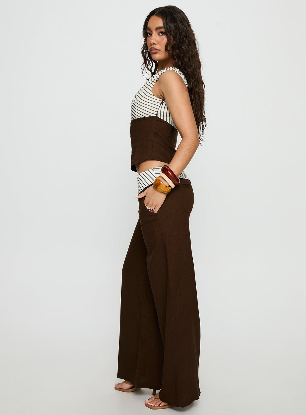 Past Life Fold Over Waistband Pant Brown / Stripe