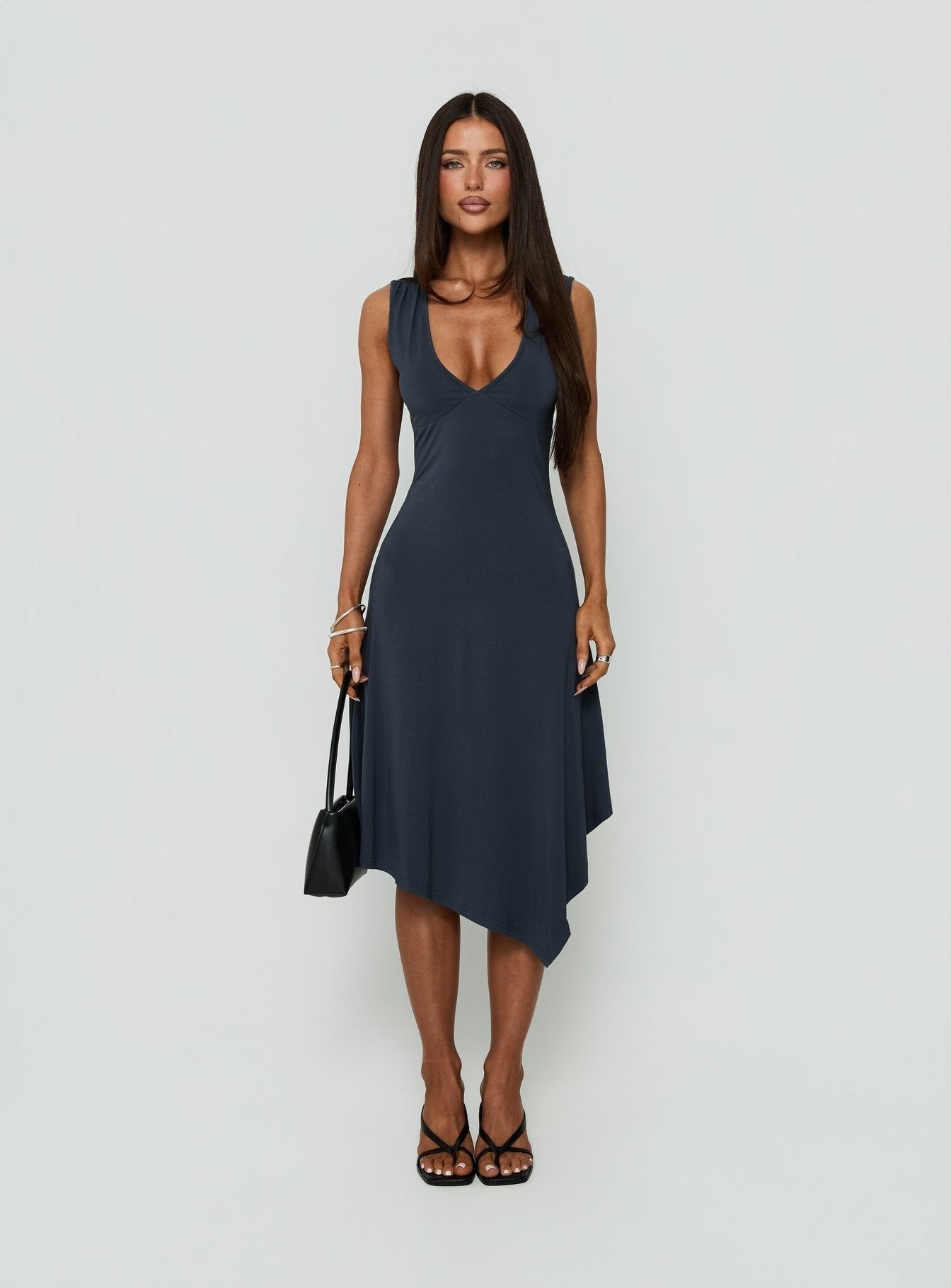 Louisia V Neck Hanky Hem Midi Dress Charcoal