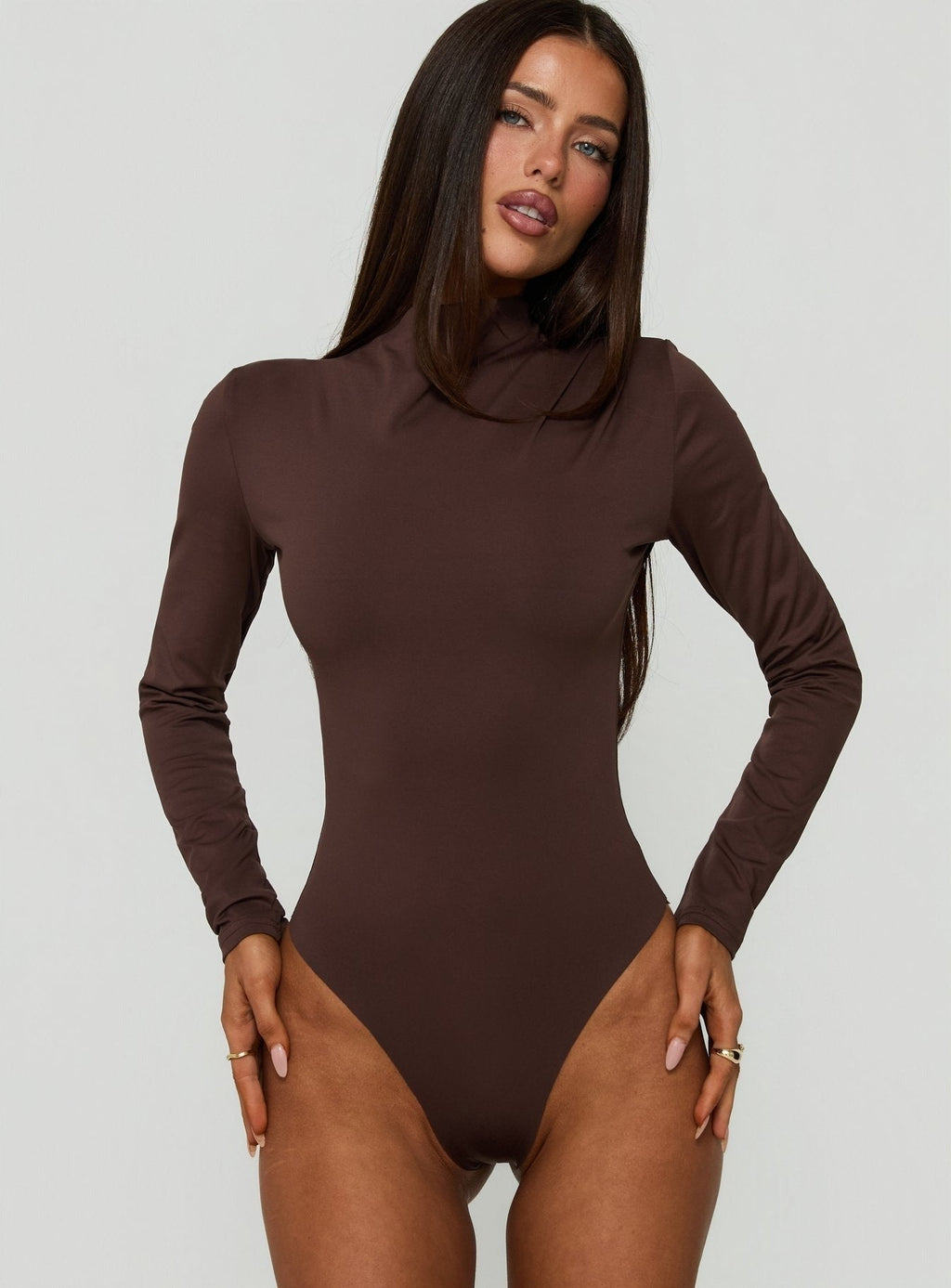 Pirella Mock Neck Long Sleeve Bodysuit Brown