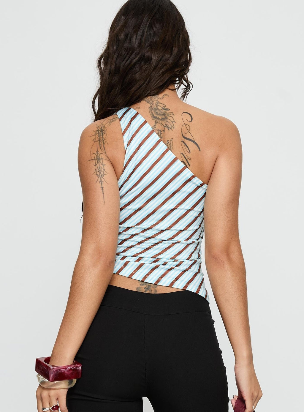 Ranae One Shoulder Tie Detail Top Blue Stripe