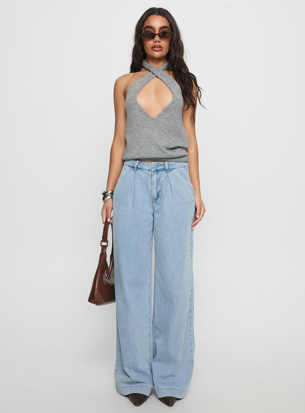 Dream Hour Cross Front Halter Top Grey