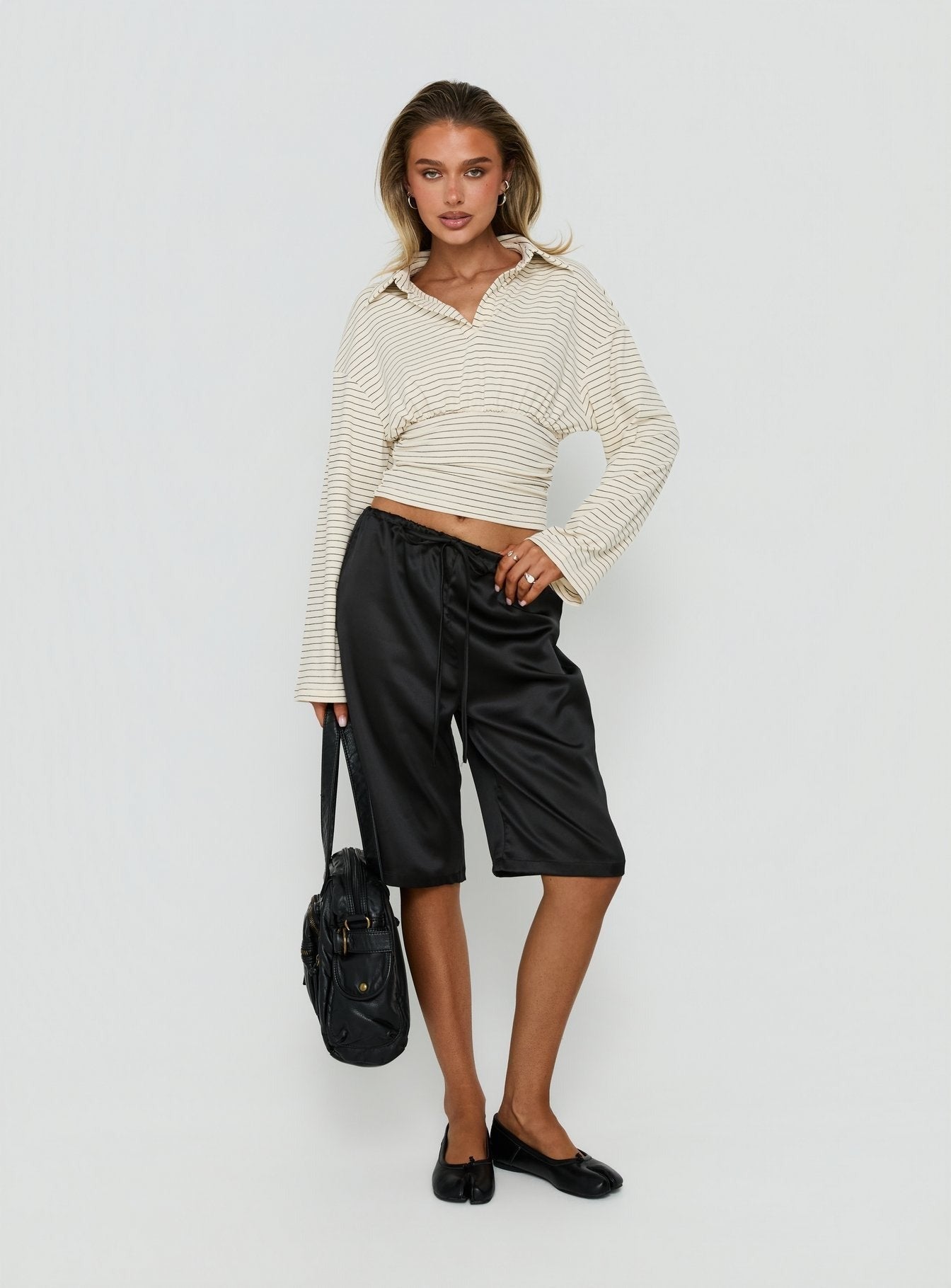 Raezer Cinched Polo Long Sleeve Top Cream Stripe
