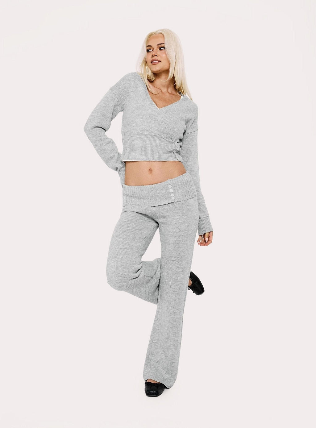 Odeline Fold Over Knit Pants Grey Marle
