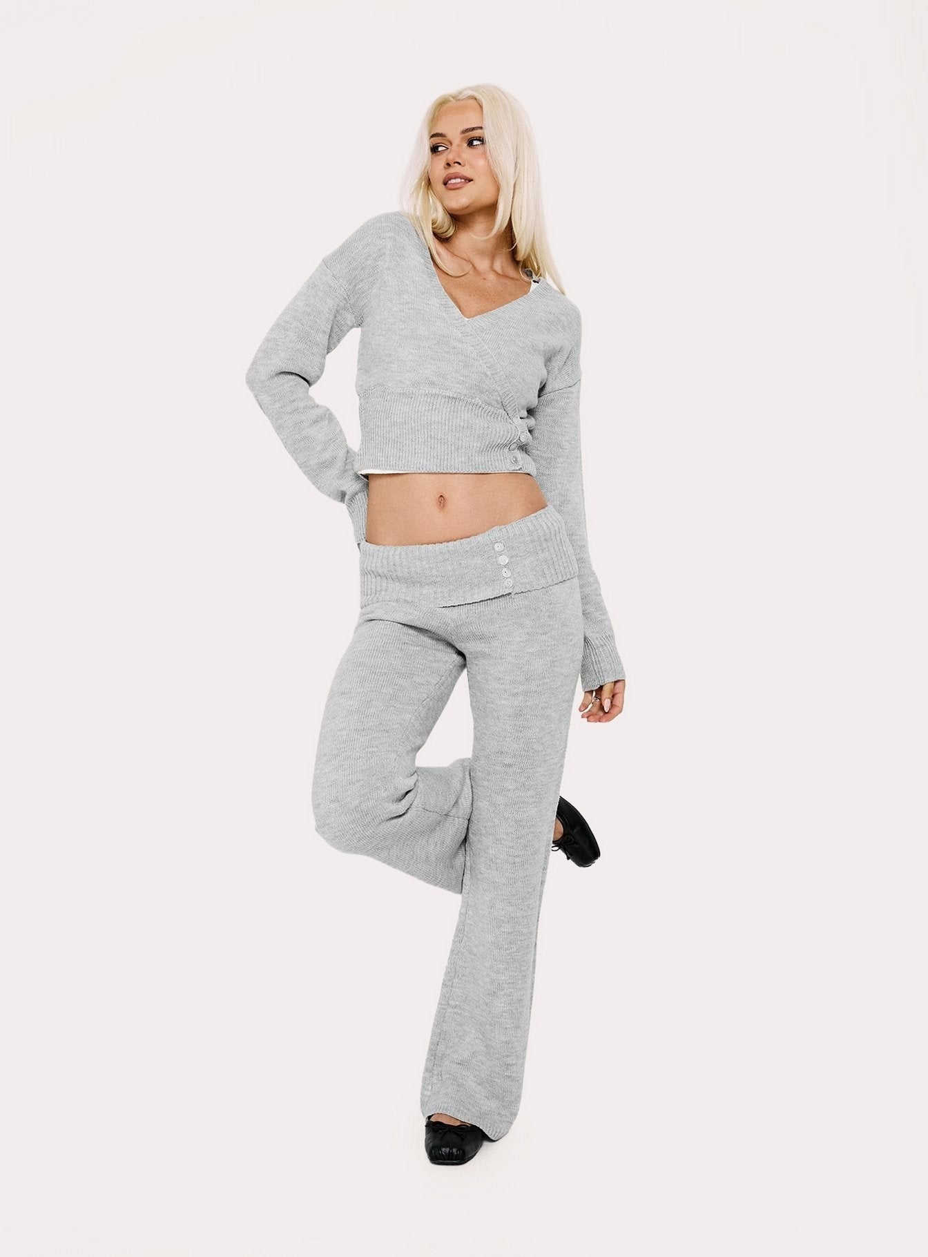 Odeline Fold Over Knit Pants Grey Marle