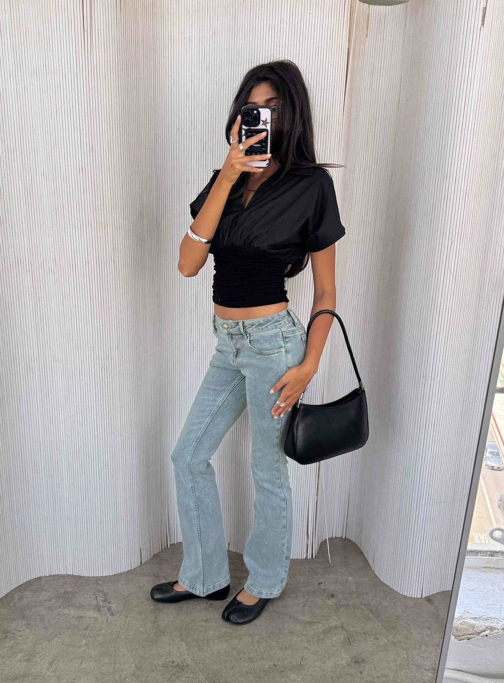 Chalia Ruched Collared Top Black