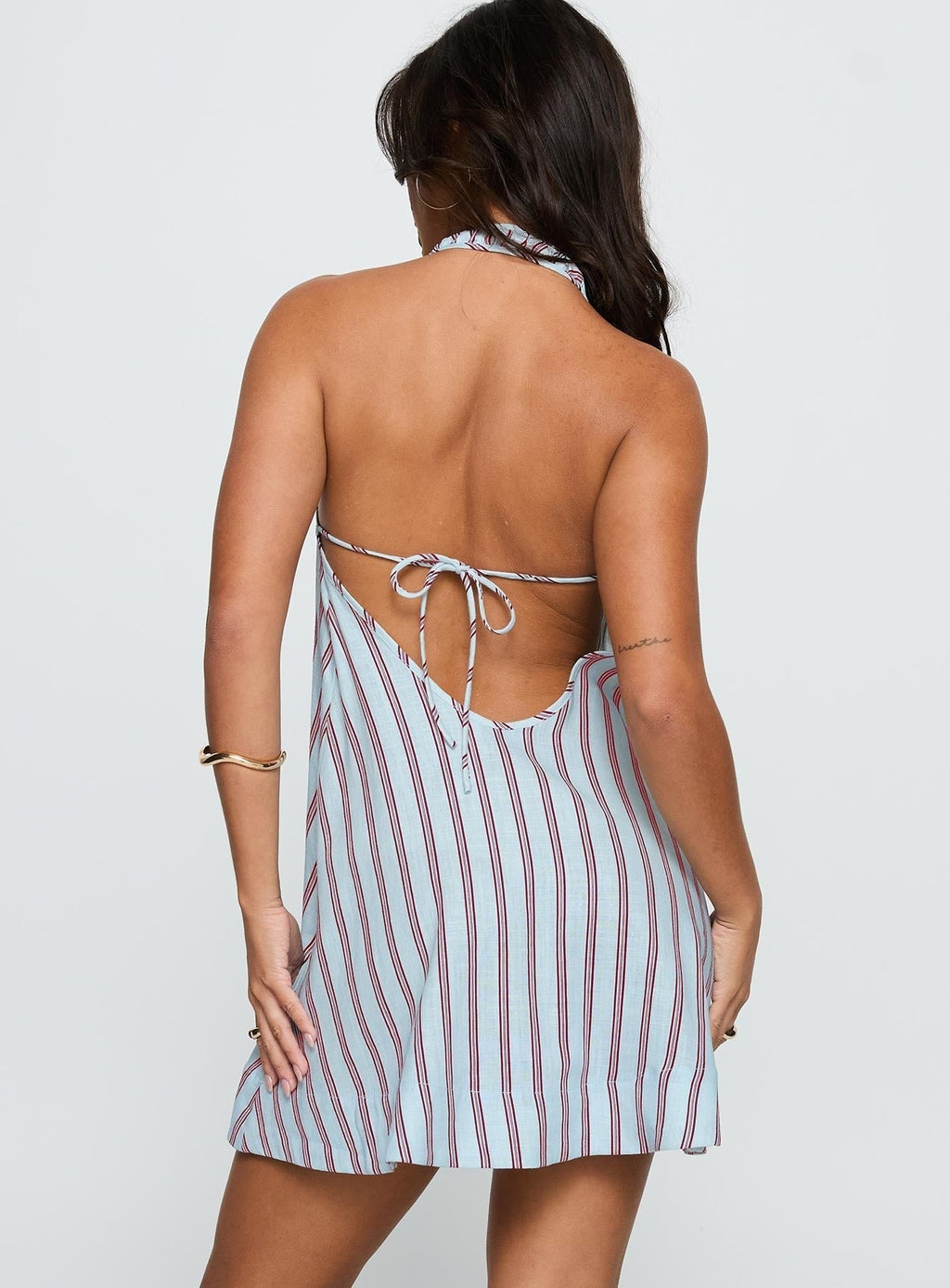 Daydreams Linen Blend Halter Mini Dress Blue / Maroon Stripe