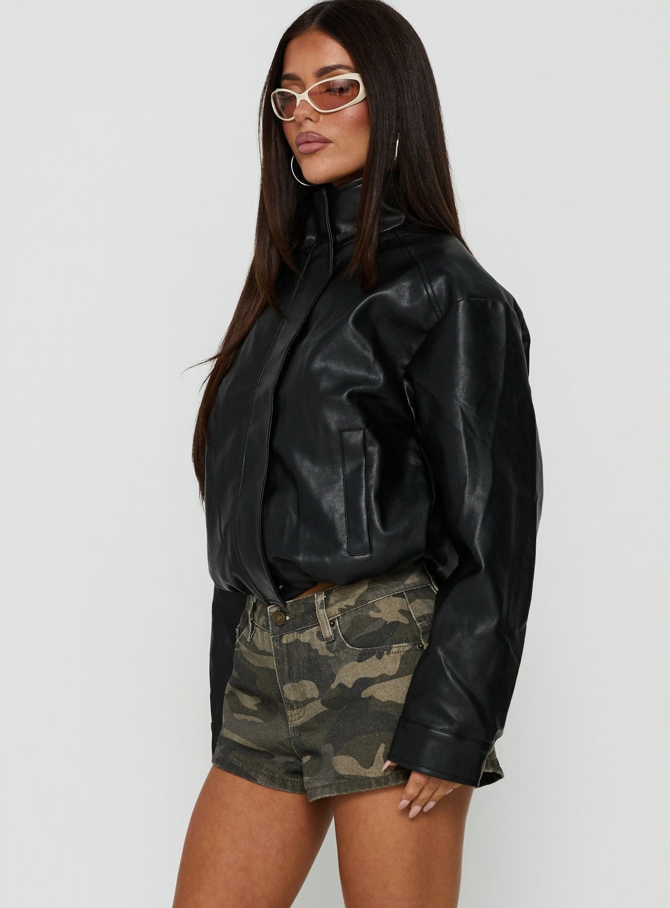 Kordale Funnel Neck Faux Leather Bomber Jacket Black