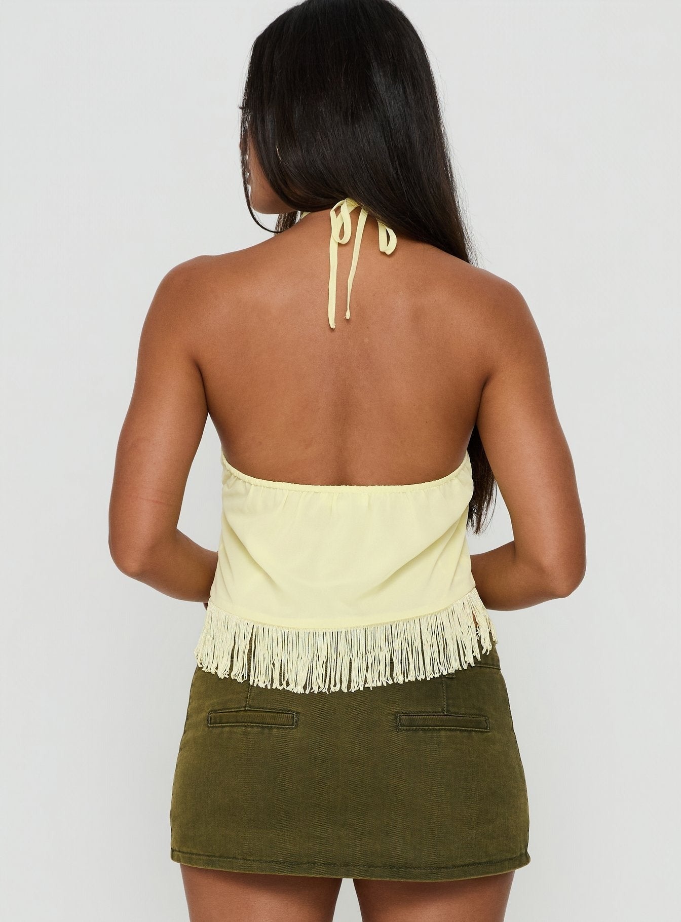 Junaya Arrowneck Fringe Detail Top Lemon