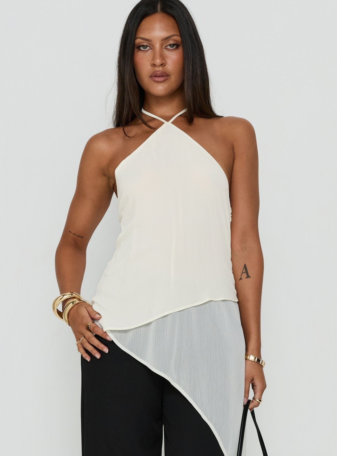 Eternal Optimist Longline Chiffon Arrowneck Top Cream