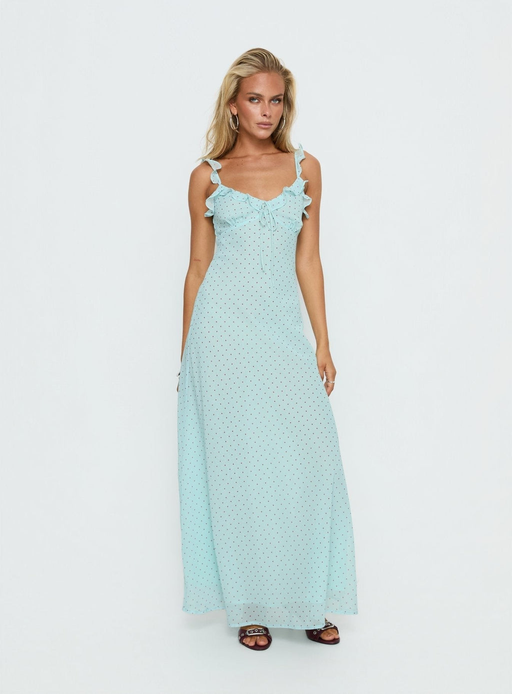 Aryelle Chiffon Frill Maxi Dress Blue Polka Dot