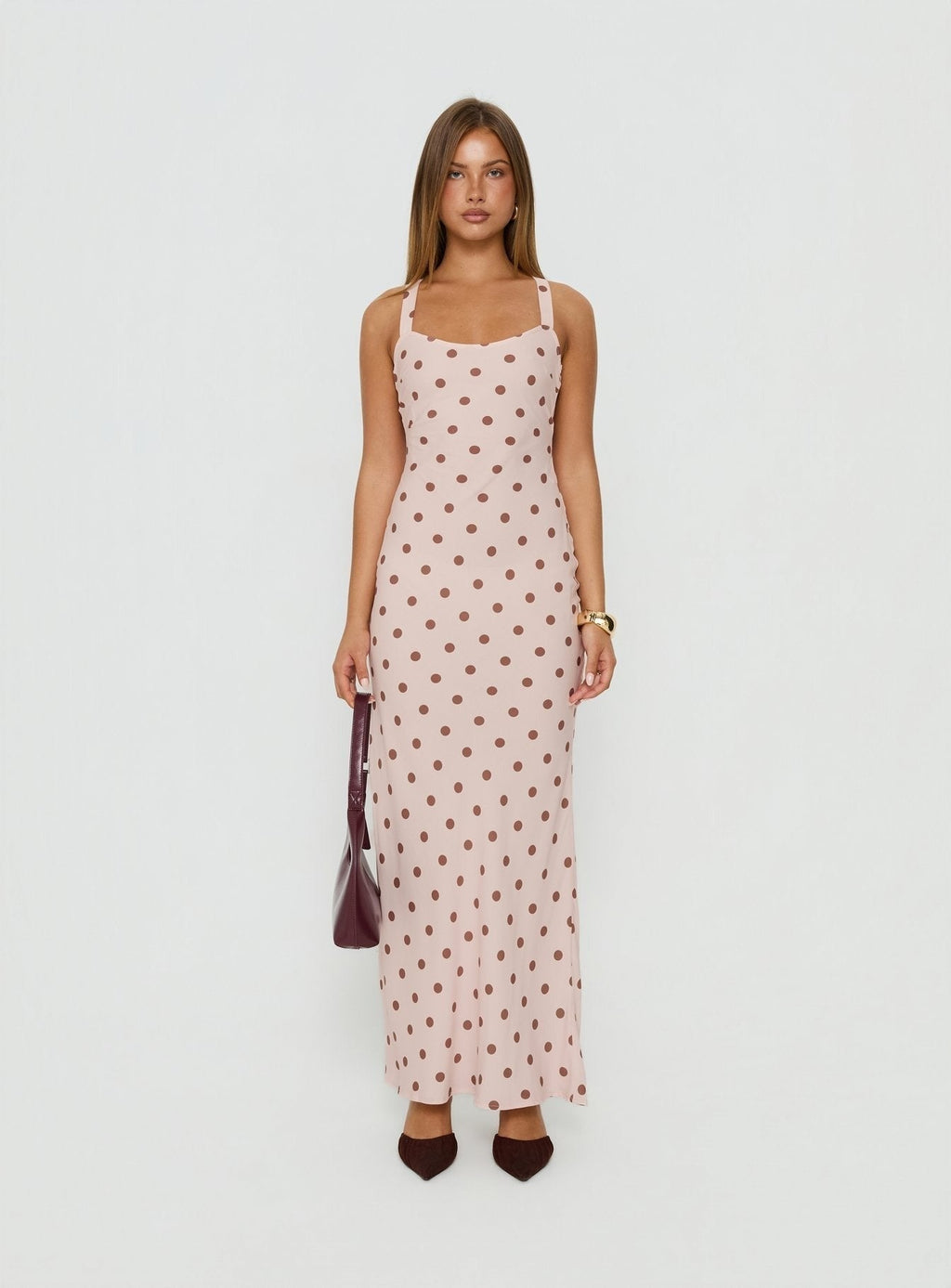 Picante Bias Cross Back Maxi Dress Pink Polka