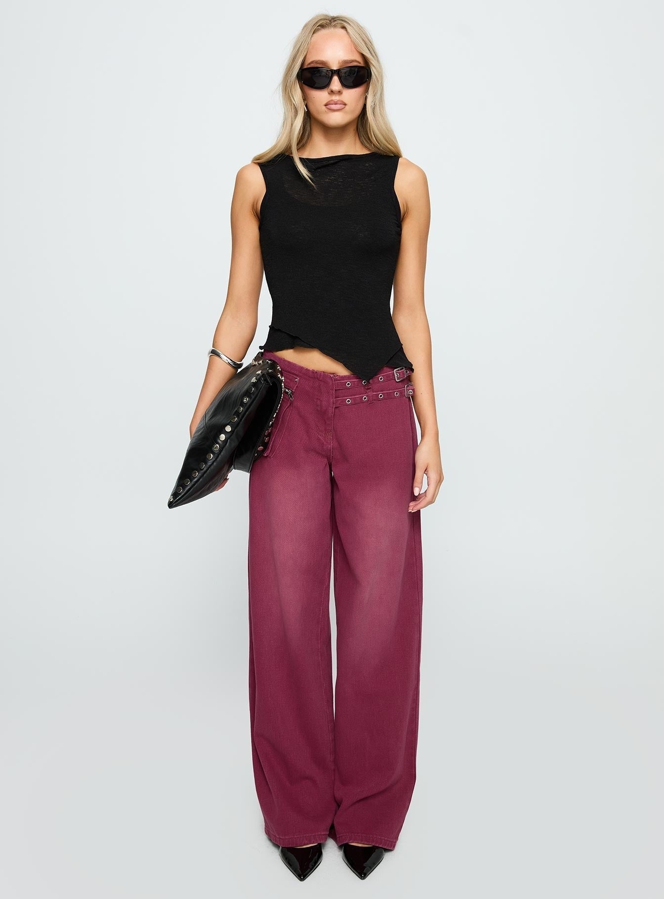 Paltrow Mid Rise Wide Leg Cargo Jeans Washed Burgundy