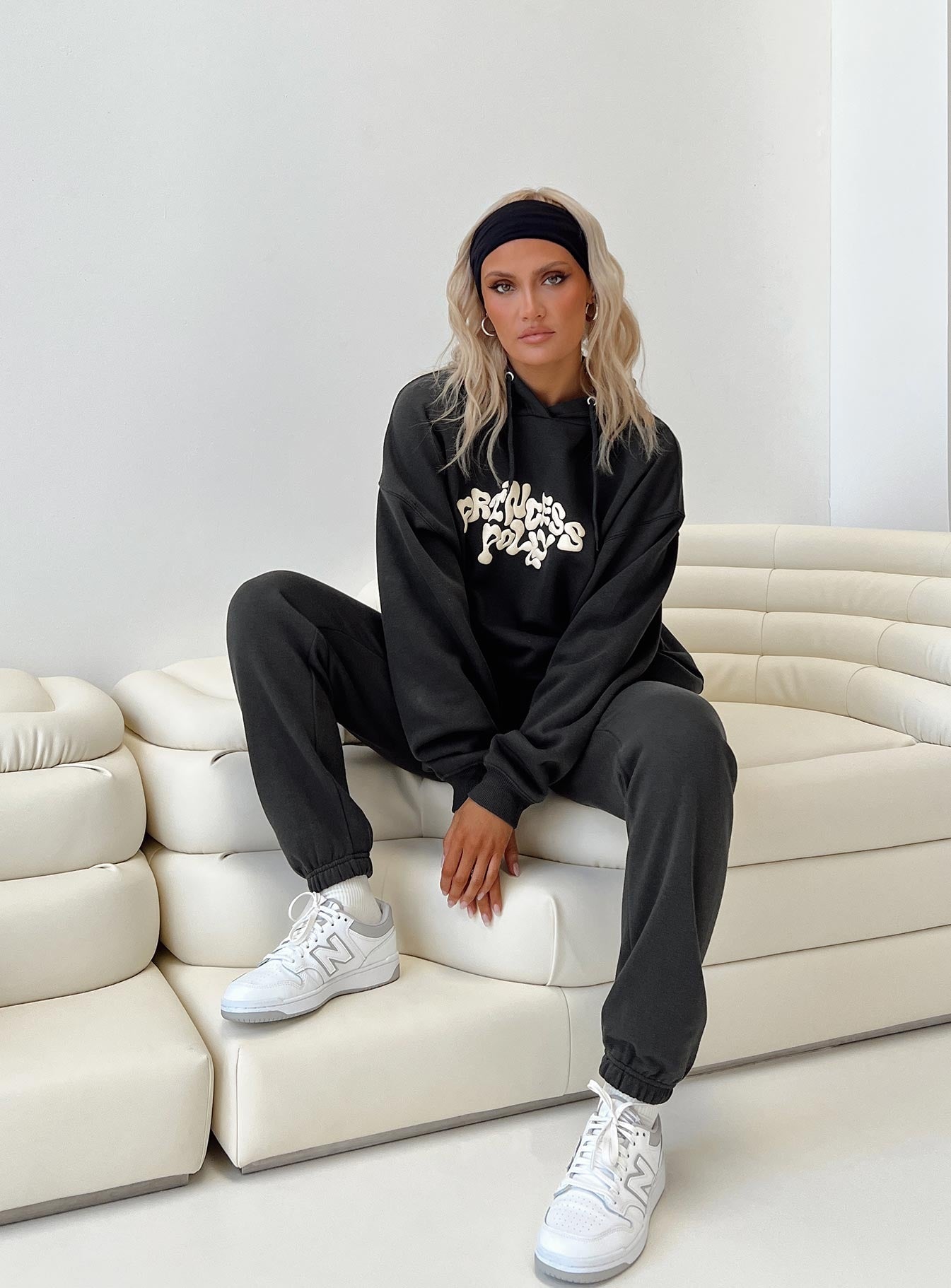 Princess Polly Hooded Sweatshirt Squiggle Text Black Sand / Eggshell