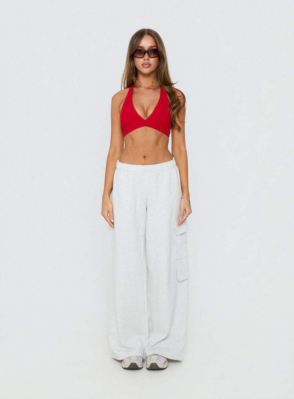 In Motion Active Plunge Halter Crop Top Red
