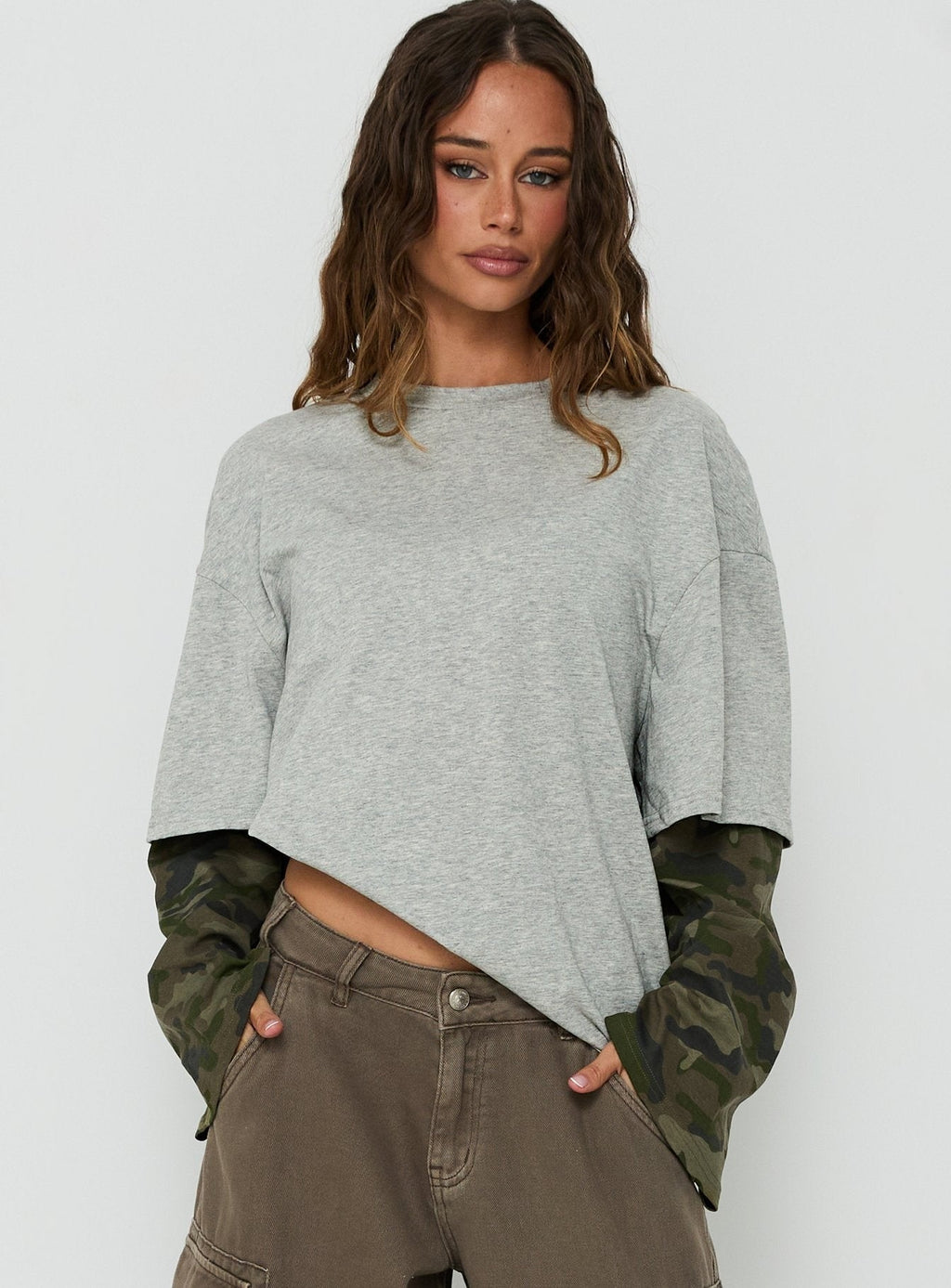 Ryann Long Sleeve Layered Top Grey / Camo