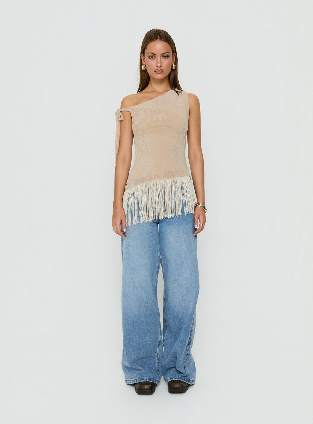Astada One Shoulder Fringe Top Beige Floral