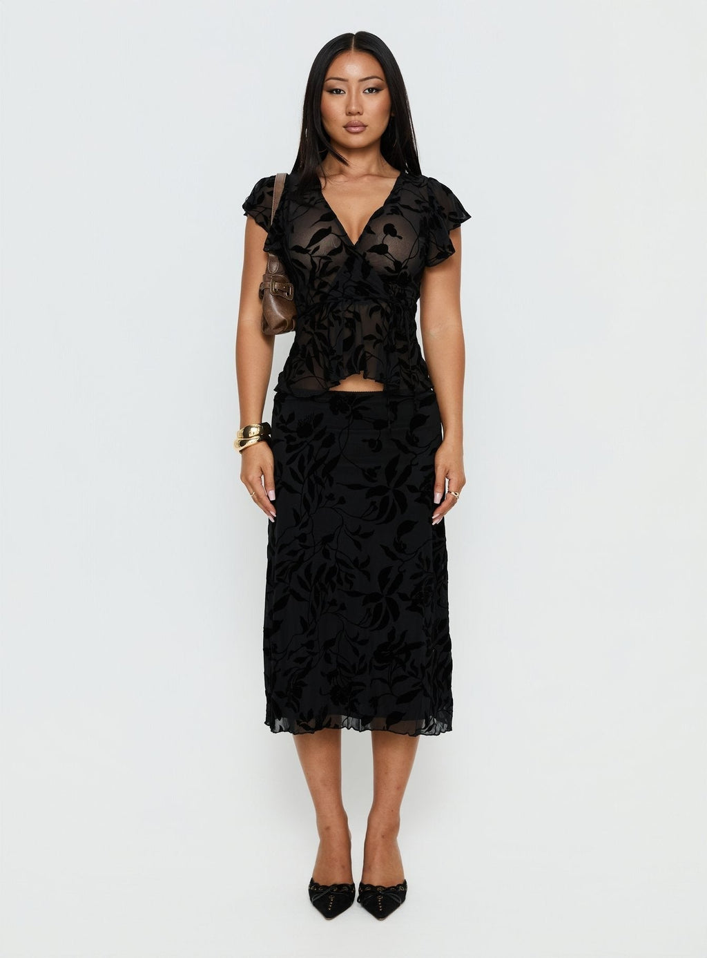 Atira Midi Skirt Leaf Flower Black