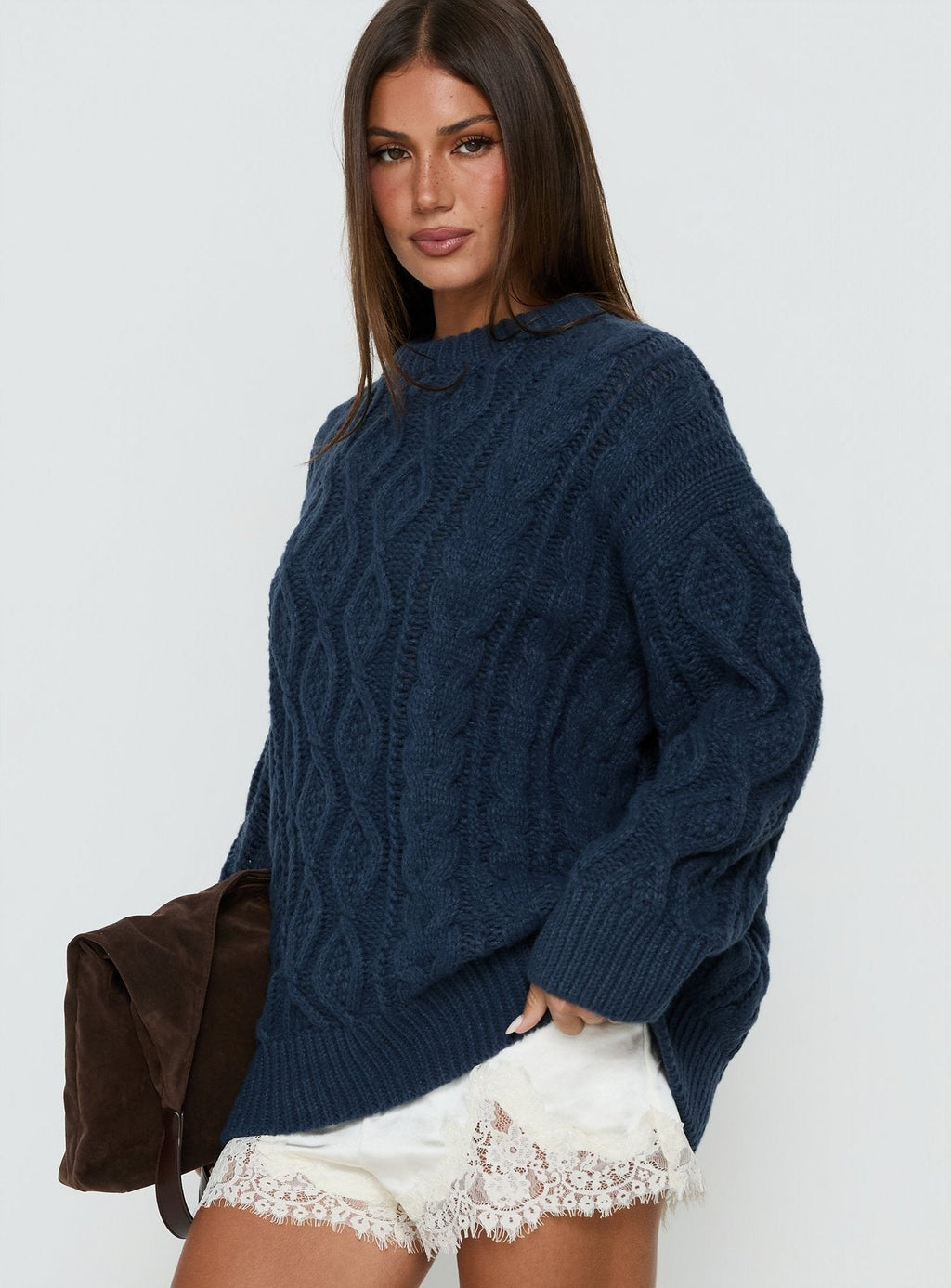 Rorey Cable Knit Crew Neck Sweater Navy