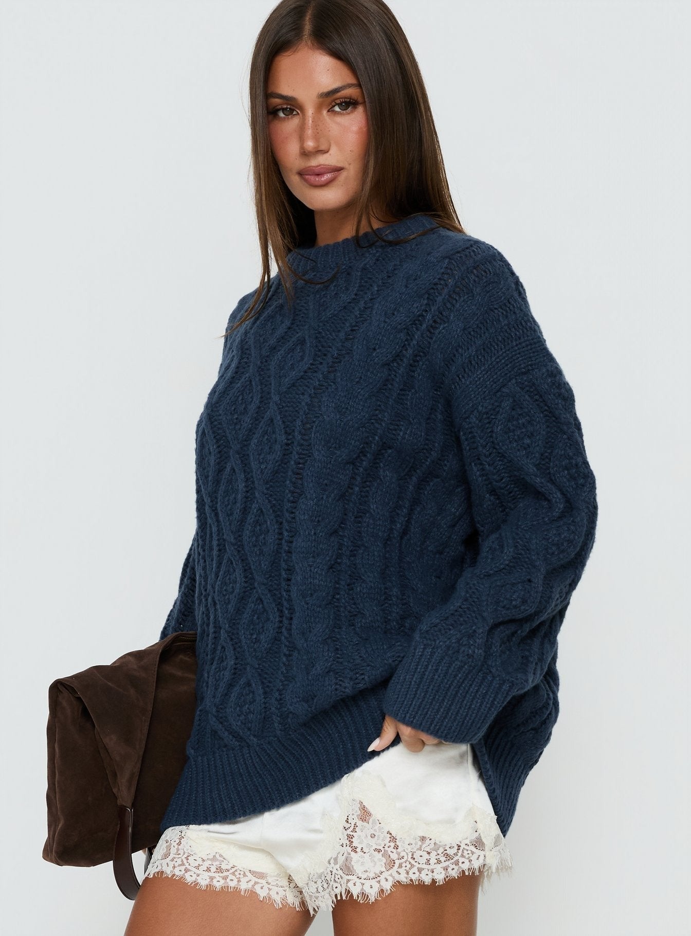 Rorey Cable Knit Crew Neck Sweater Navy