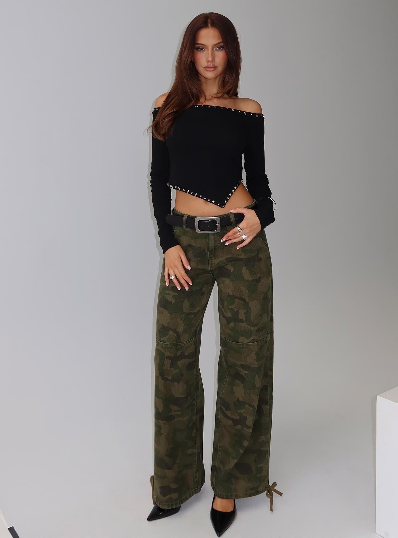 Perfect Cadence Stud Detail Off Shoulder Top Black